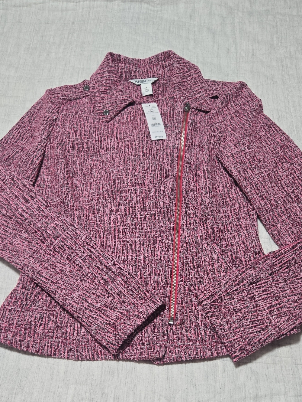 White House Black Market Pink Tweed Asymmetrical Zip Jacket